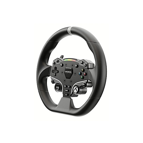 Schwarzes Moza Racing Lenkrad mit strukturiertem Griff, zahlreichen Tasten und Xbox-Controller-Elementen.