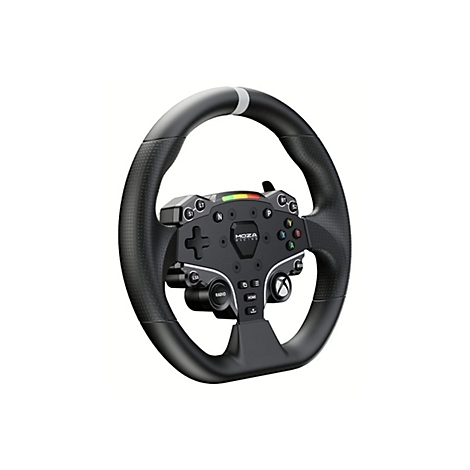 Schwarzes MOZA Racing-Lenkrad mit strukturiertem Griff, zahlreichen Tasten und einer LED-Anzeige vor weißem Hintergrund.