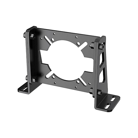 Schwarze Metallhalterung mit zentraler runder Aussparung und Langlöchern auf weißem Hintergrund.