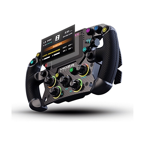 Schwarzes Rennlenkrad mit Display und Knöpfen. Es zeigt Daten an und trägt das Logo MOZA RACING.