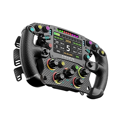 Moza Racing Lenkrad aus Carbon mit integriertem Display und zahlreichen farbigen Bedientasten vor weißem Hintergrund.