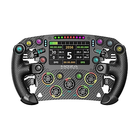 Moza Racing Lenkrad mit Carbon-Optik, digitalem Display und zahlreichen bunten Knöpfen vor weißem Hintergrund.