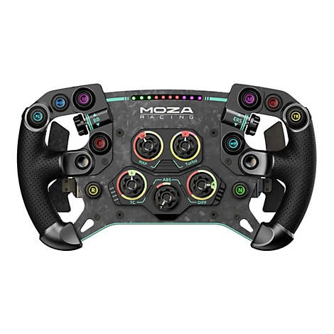 Schwarzes MOZA Racing-Lenkrad mit Carbon-Optik, zahlreichen bunten Knöpfen, Drehreglern und einer LED-Anzeige.