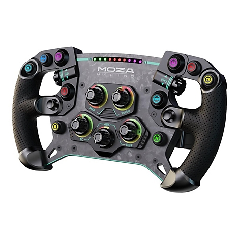 Moza Racing Lenkrad mit Carbon-Optik, zahlreichen bunten Knöpfen und Drehreglern vor weißem Hintergrund.