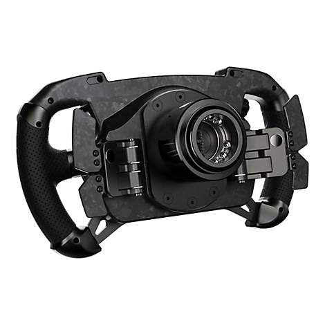Rückseite eines schwarzen Sim-Racing-Lenkrads mit Carbonoptik und sichtbarem Schnellverschlussmechanismus.