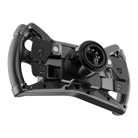 Ein detailliertes Rennlenkrad aus Carbon, mit schwarzen Bedienelementen und Befestigungen. Der Hintergrund ist weiß.