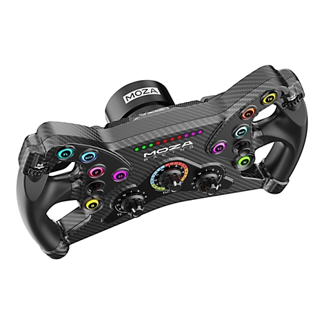 Ein Rennlenkrad mit Carbon-Optik, vielen Knöpfen, Drehreglern und einem MOZA-Logo.