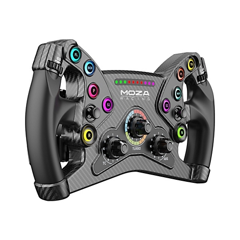 Ein Carbon-Lenkrad mit vielen Knöpfen und Reglern, darunter ein Drehteller mit TURBO Beschriftung und ein Display mit farbigen Lichtern.