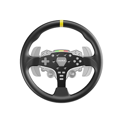 Schwarzes Moza Racing Lenkrad mit gelber Markierung oben, zahlreichen Tasten und Schaltwippen vor weißem Hintergrund.