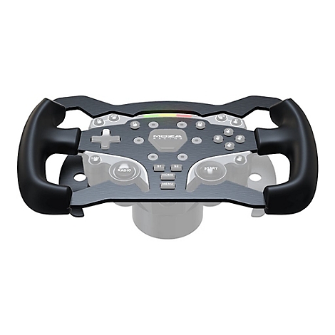 Schwarzes MOZA Racing-Lenkrad mit zahlreichen Bedienelementen, Tasten und LED-Anzeige auf weißem Hintergrund.
