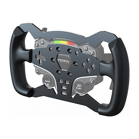 Schwarzes Moza Racing Lenkrad mit LED-Anzeige, zahlreichen Knöpfen und ergonomischen Griffen.