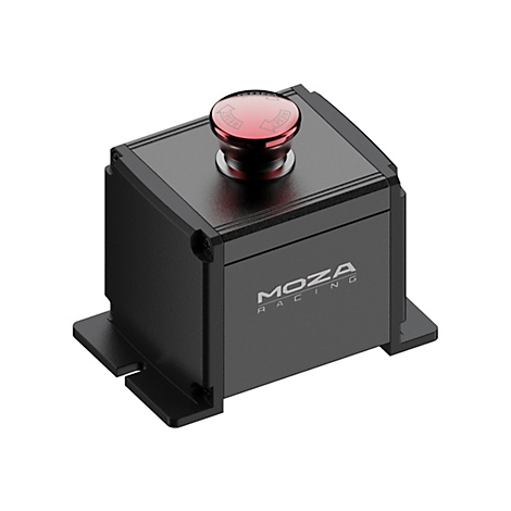 Schwarzes Moza Racing Not-Aus-Modul mit rotem Reset-Knopf auf einem weißen Hintergrund.