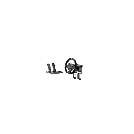 Schwarzes Rennspiel-Lenkrad mit Pedalen, vor weißem Hintergrund.