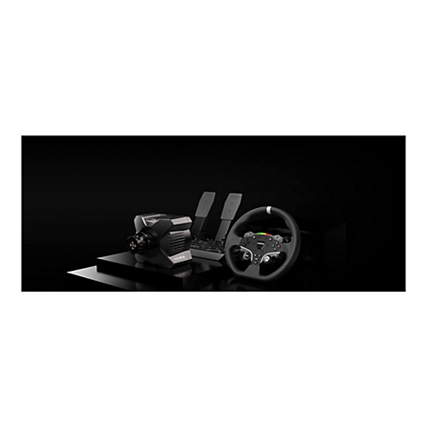 Moza Racing Lenkrad-Set mit Wheelbase und Pedalen vor schwarzem Hintergrund.