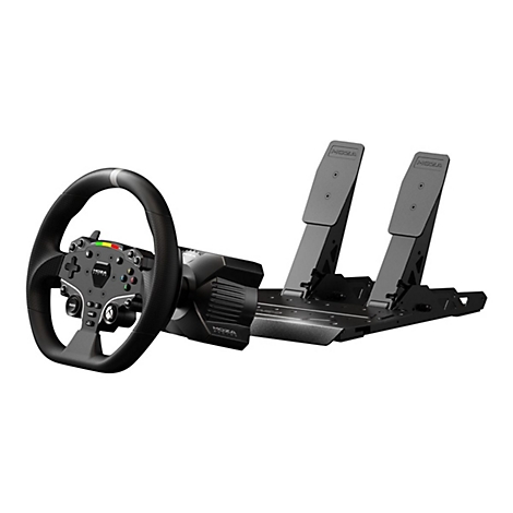 Schwarzes Moza Racing Lenkrad mit Pedalerie auf weißem Hintergrund.