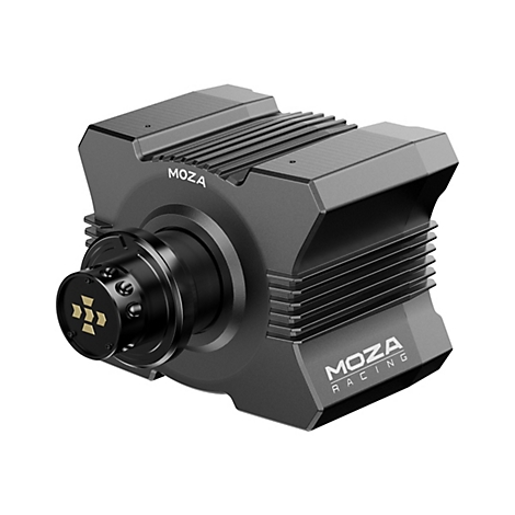 Ein grauer MOZA-Rennlenkrad-Motor, auf weißem Hintergrund. Mit MOZA-Logo und Rillen.