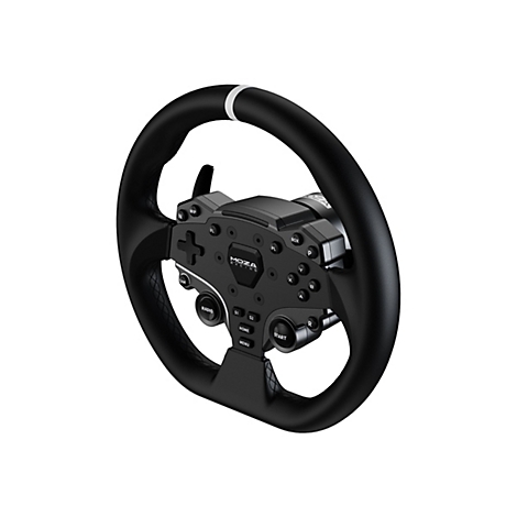 Ein schwarzes Lenkrad für Rennspiele mit zahlreichen Knöpfen und dem Schriftzug "MOZA RACING".