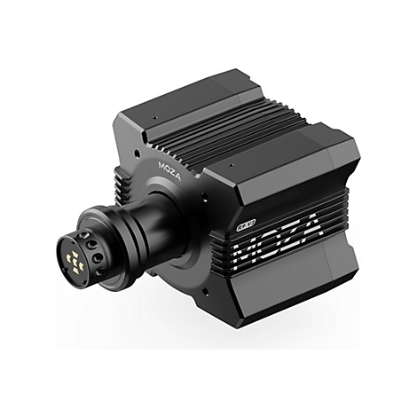 Schwarze MOZA R9 V3 Direct Drive Lenkradbasis vor weißem Hintergrund.