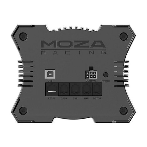 Die Rückseite eines schwarzen Moza Racing Hubs mit verschiedenen Anschlüssen wie USB, DC Input und Ports für Zubehör.