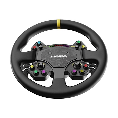 Schwarzes Moza Racing Lenkrad mit bunter Tastenbelegung und Carbon-Optik vor weißem Hintergrund.