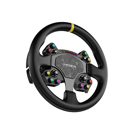 Schwarzes Moza Racing Lenkrad mit bunter Knopfbelegung, LED-Anzeige und gelber Mittenmarkierung auf weißem Grund.