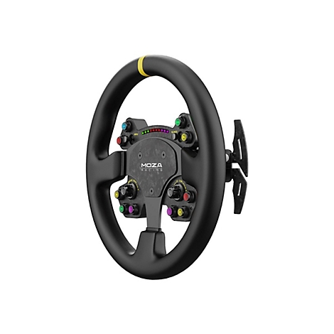 Schwarzes Moza Racing Lenkrad mit bunten Tasten, Carbon-Optik-Mitte und gelber Mittenmarkierung vor weißem Hintergrund.