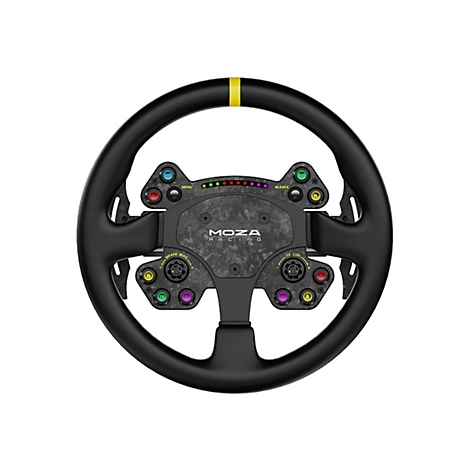 Moza Racing Lenkrad mit schwarzem Kranz, gelber Markierung oben und zahlreichen farbigen Bedientasten.
