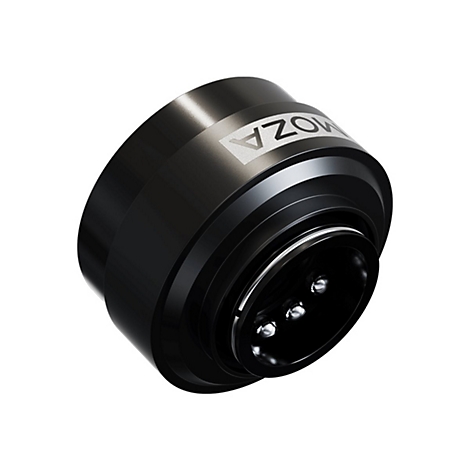 Schwarzer, zylindrischer Moza-Adapter aus Metall mit silbernem Logo und sichtbaren Kontaktstiften.