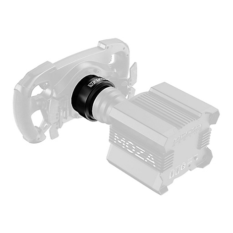 Schwarzer Moza-Schnellwechseladapter, der ein Lenkrad mit einer Direct-Drive-Basis verbindet.