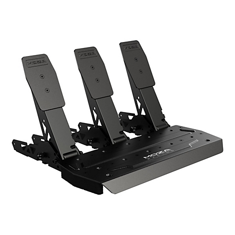 Schwarzes Sim-Racing-Pedalset von Moza Racing mit drei Pedalen auf einer Bodenplatte.