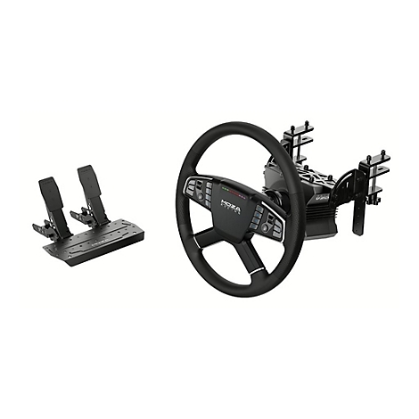 Schwarzes Moza Racing Lenkrad und Pedalset vor weißem Hintergrund.