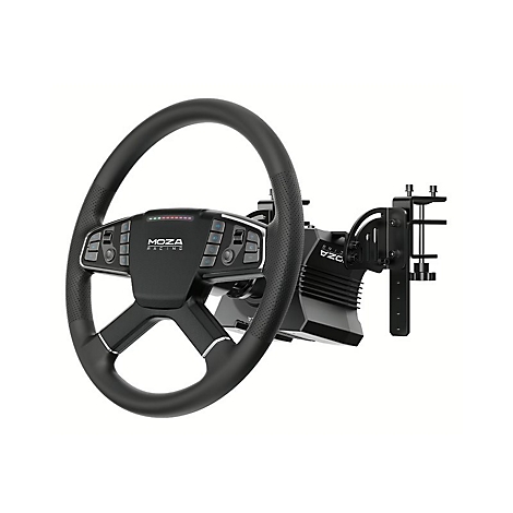 Schwarzes Moza Racing Lenkrad mit montierter Basis und Tischklemme vor weißem Hintergrund.