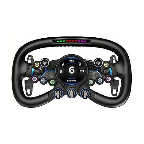 Schwarzes MOZA Racing-Lenkrad mit digitalem Display, zahlreichen Tasten, Drehreglern und LED-Drehzahlmesser.