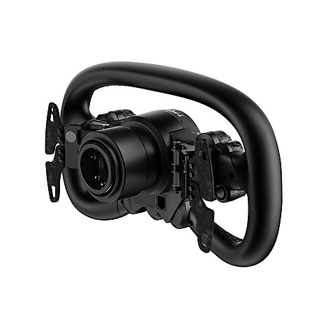 Schwarzes Sim-Racing-Lenkrad mit Schaltwippen vor weißem Hintergrund.