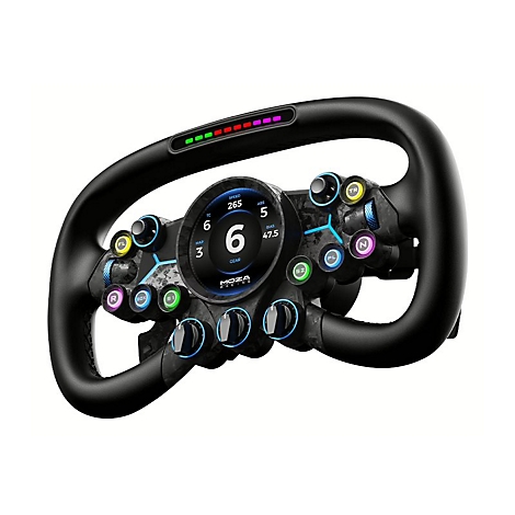Schwarzes Moza Racing Lenkrad mit digitalem Display und beleuchteten Knöpfen auf weißem Hintergrund.