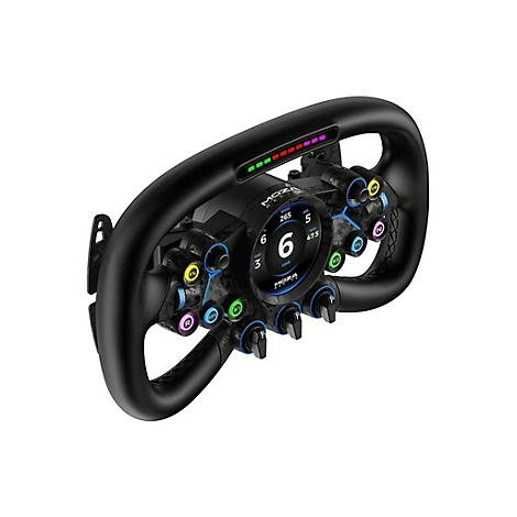 Moza Racing Lenkrad mit digitalem Display, bunten Tasten und LED-Leiste auf weißem Hintergrund.