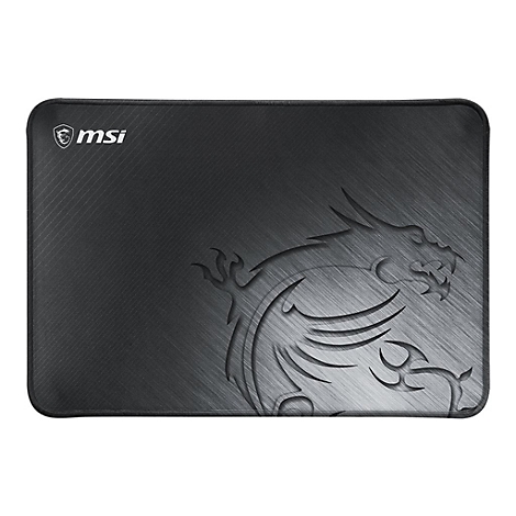 Schwarzes MSI Gaming-Mauspad mit gebürsteter Metalloptik und eingeprägtem Drachenlogo.