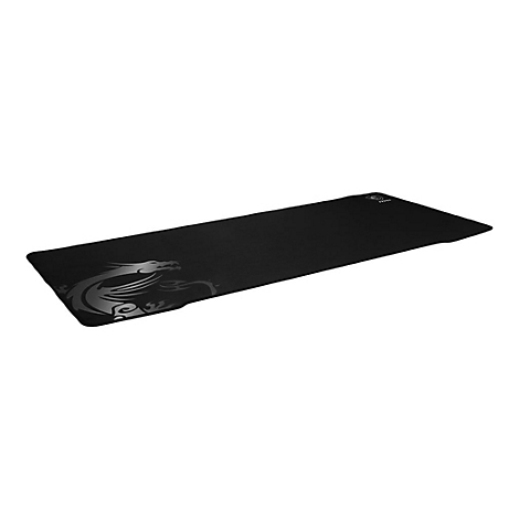 Längliches, schwarzes MSI Gaming-Mauspad mit grauem Drachen-Logo auf der linken Seite vor weißem Hintergrund.