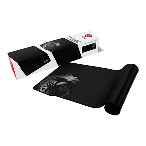 MSI Agility GD70 Gaming-Mauspad mit Drachen-Logo vor der zugehörigen weißen Verpackung.