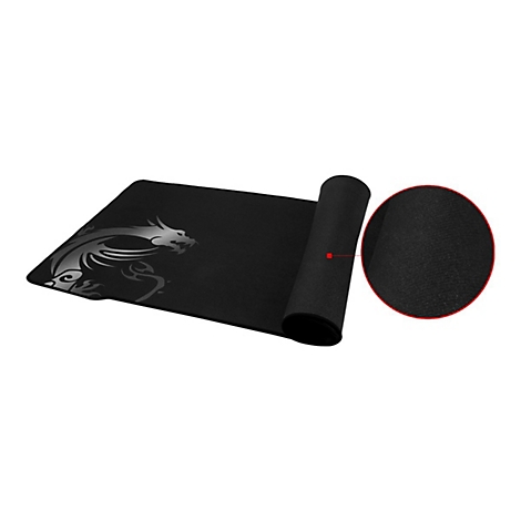 Schwarzes MSI Gaming-Mauspad mit Drachenlogo und vergrößerter Detailansicht der Oberflächenstruktur.
