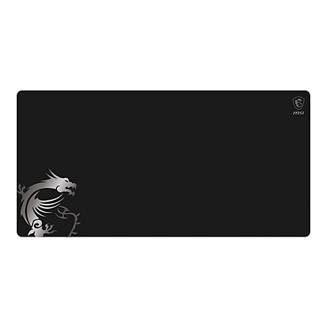Schwarzes Mauspad mit silbernem Drachenmotiv links und MSI-Logo rechts.