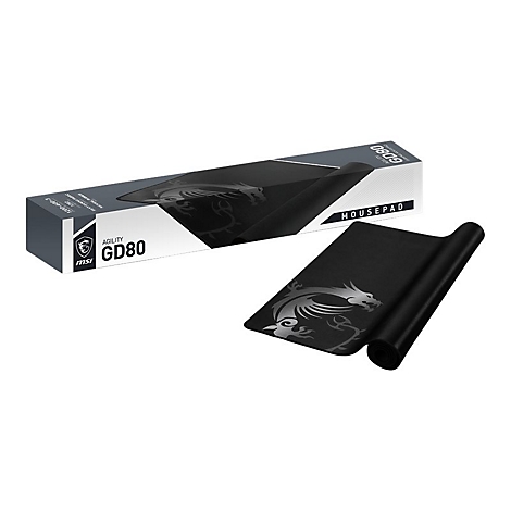 Schwarzes Mauspad von MSI mit silbernem Drachenlogo. Daneben die Verpackung mit der Aufschrift 'AGILITY GD80'.