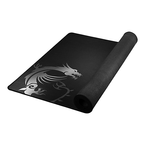 Schwarzes Mauspad mit silbernem Drachenmotiv, teilweise aufgerollt.