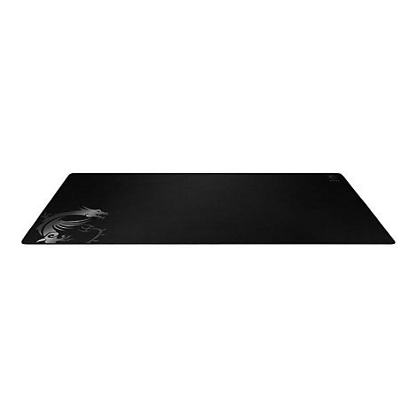Schwarzes rechteckiges Mauspad mit einem silbernen Drachenlogo in der Ecke.