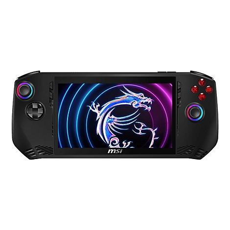 Schwarzer Handheld-Gaming-PC mit farbigem Display, Drachen-Grafik und "MSI"-Logo.