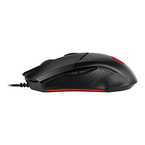 Schwarze Gaming-Maus in Seitenansicht mit roter LED-Beleuchtung am unteren Rand.