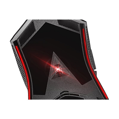 Detailansicht der Unterseite einer Gaming-Maus mit leuchtendem rotem Sensor und roten LED-Seitenstreifen.