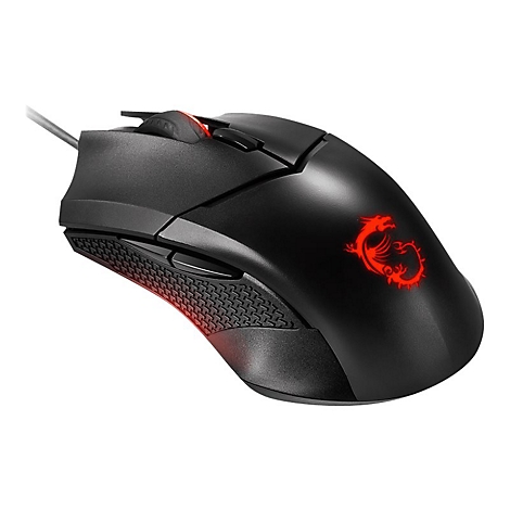 Schwarze Gaming-Maus mit roter Drachen-Beleuchtung und Textur an der Seite vor weißem Hintergrund.