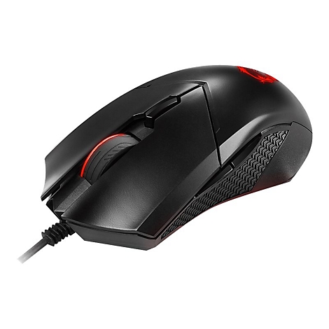 Schwarze Gaming-Maus mit roter LED-Beleuchtung am Scrollrad und Logo, vor weißem Hintergrund.