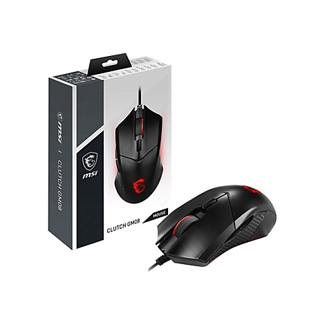 MSI Clutch GM08 Gaming-Maus in Schwarz mit roter LED-Beleuchtung vor der zugehörigen Produktverpackung.